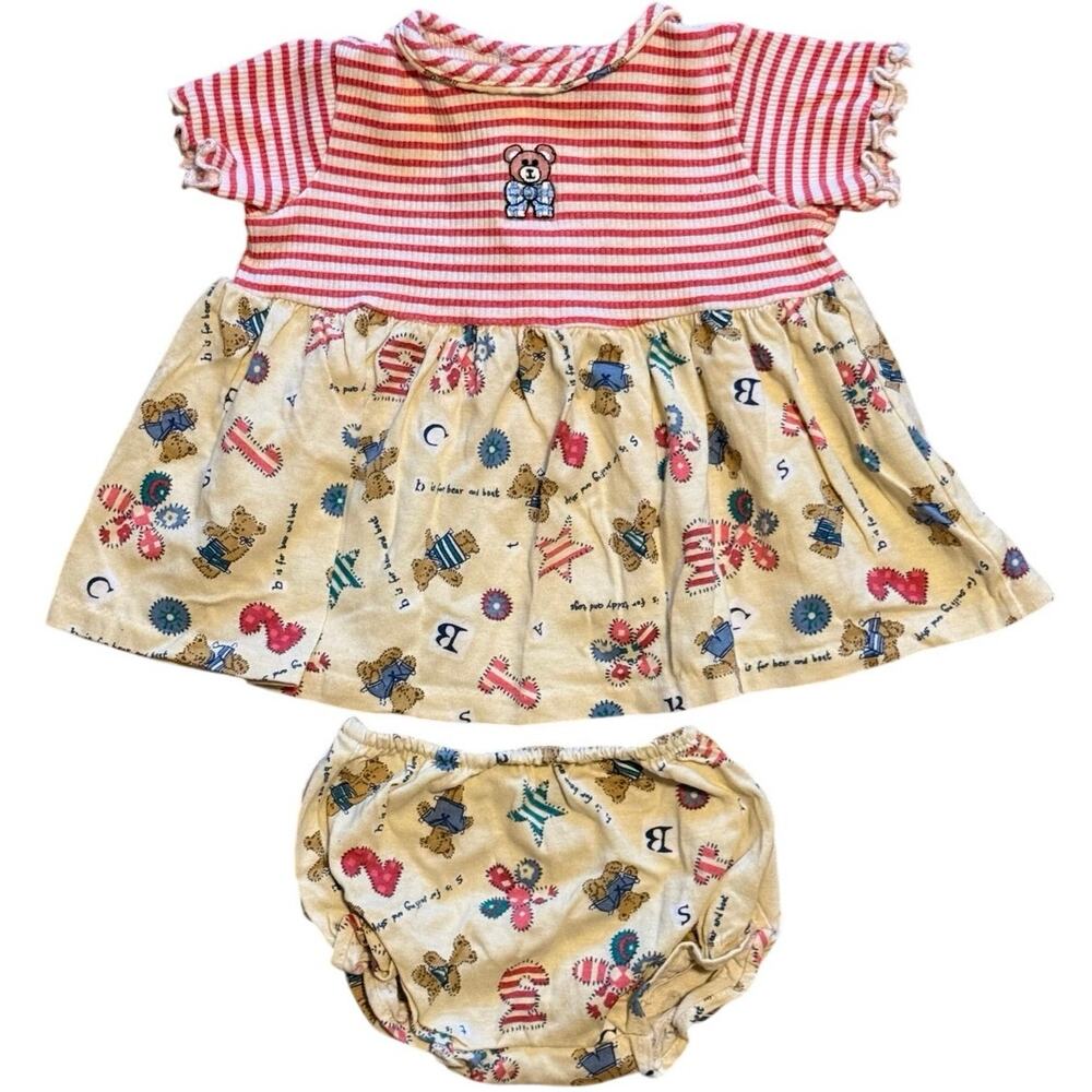 Vtg 80s Roanna Baby Dress Bloomer Set 3-6 Mo Teddy Bear Red Stripe Made In USA